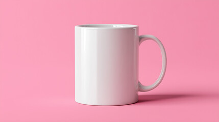 Stylish flat lay featuring a white coffee mug on a pink backdrop, offering space for custom text, illustrations, or promotional content.

