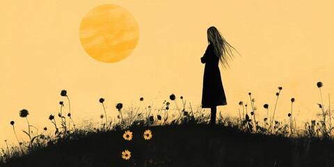 A girl stands gracefully in a vibrant yellow sunset over a flower field, capturing beauty