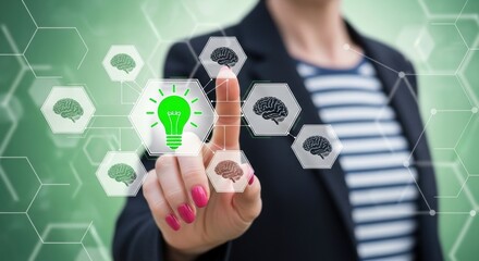 Woman touching a digital screen with icons of brains and a glowing lightbulb, representing innovation and new ideas