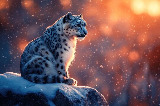 Majestic snow leopard perched on a snow-covered rock during a magical sunset, snowflakes falling. - Powered by Adobe