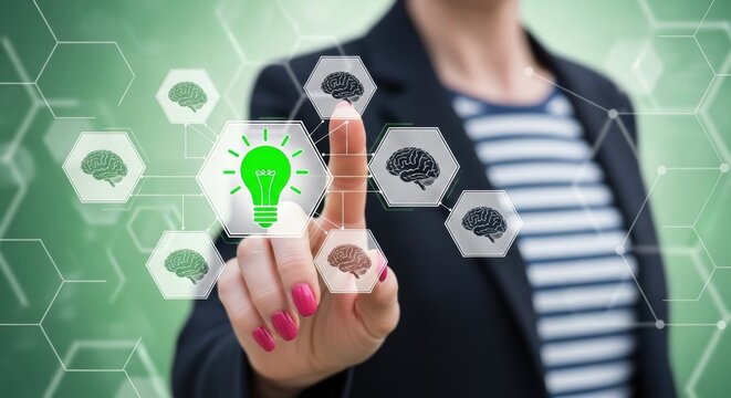 Woman touching a digital screen with icons of brains and a glowing lightbulb, representing innovation and new ideas