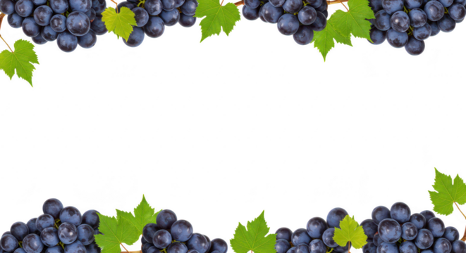 Photo of a decorative frame of grapes and leaves isolated on transparent background evokes a sense of natures bounty