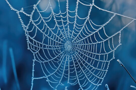 A spiderweb glistening with morning dew, intricate and delicate, a frosty masterpiece.
