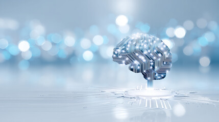 Digital brain illustration with circuit patterns on a reflective surface and blurred blue background