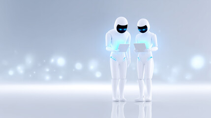 Futuristic robots interacting with digital tablets, copy space 