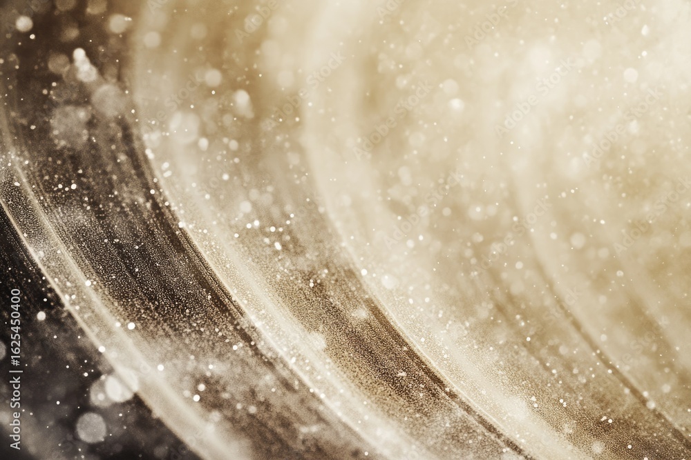 Poster abstract swirling beige and gold textured background with sparkling bokeh effects.