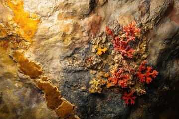 Vibrant orange and yellow coral-like formations grow on a textured rock surface, creating a striking natural abstract.