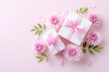 Elegant gift boxes with pink ribbons surrounded by beautiful flowers on a soft pastel background, copy space
