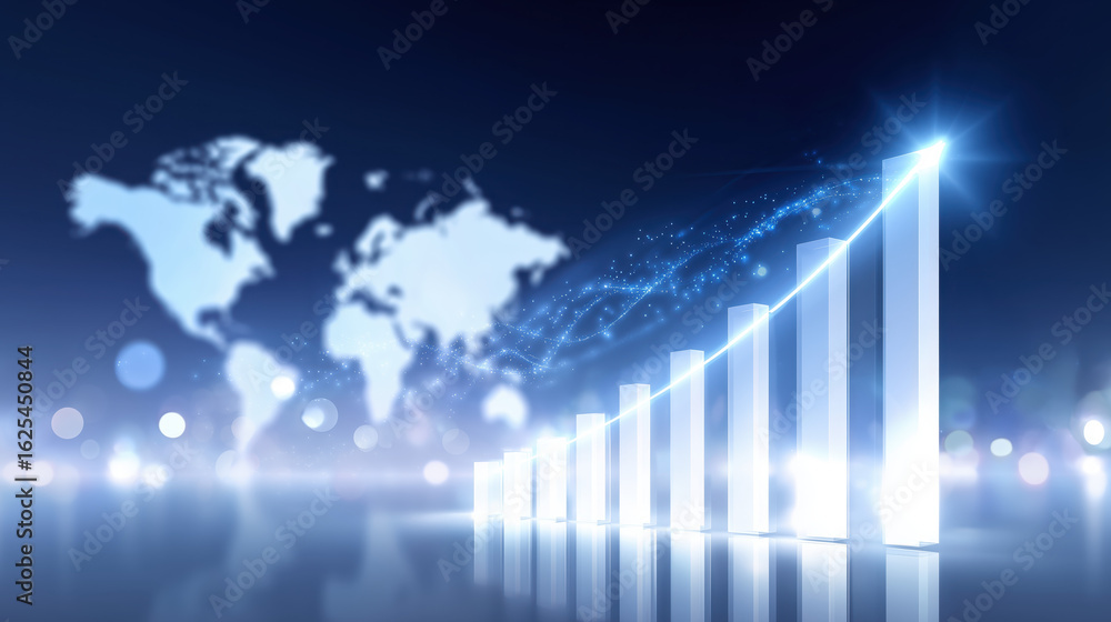Poster digital growth chart with glowing bars and world map background illustrating progress and success