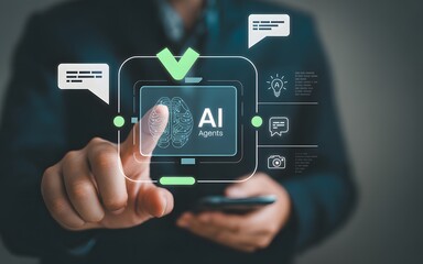 Digital AI Agents: A person's hand activates an advanced AI interface, symbolizing the integration of cutting-edge technology and digital intelligence.