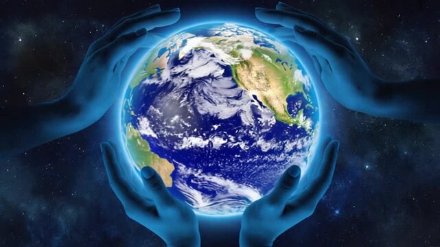 Hands gently cradling a glowing Earth, symbolizing unity and environmental care in space