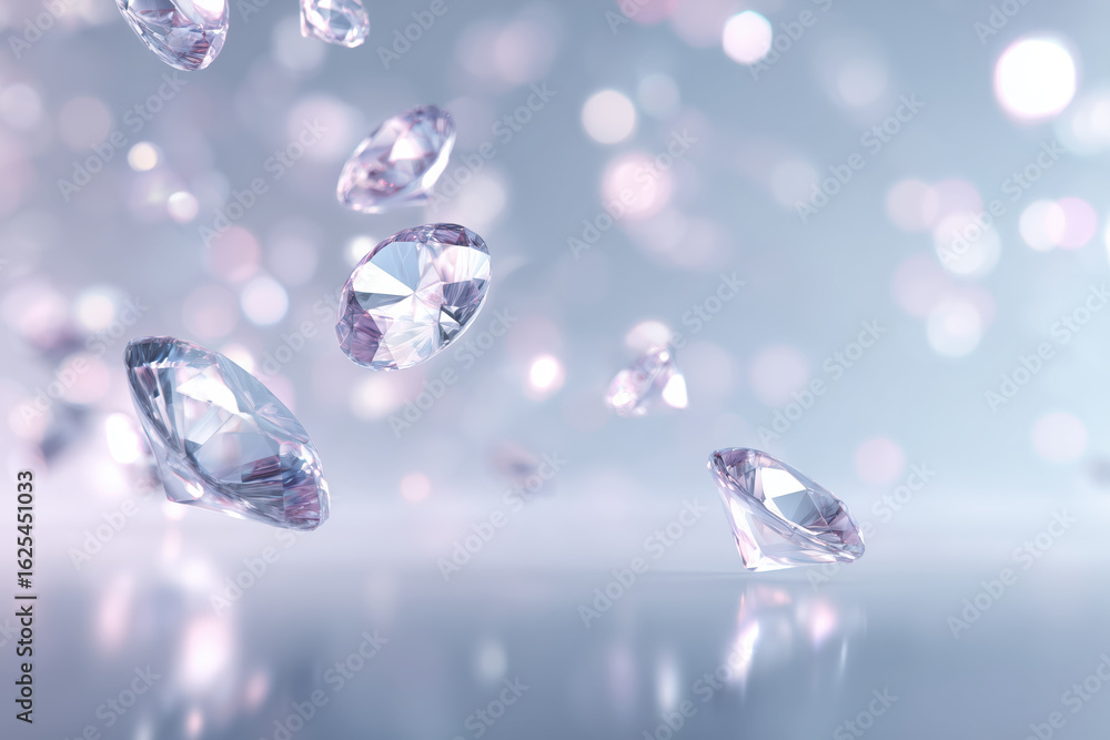 Poster sparkling diamonds floating in a dreamy atmosphere with soft bokeh background effects