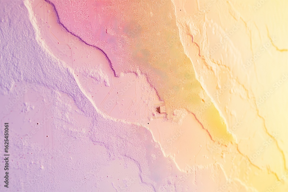 Poster abstract pastel landscape with textured lines and a small structure, resembling a microchip or terra