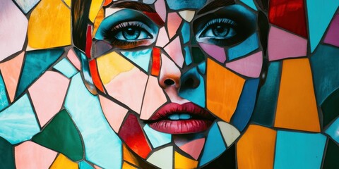 A Colorful and Striking Mosaic Portrait of a Woman with Unique and Stunning Features