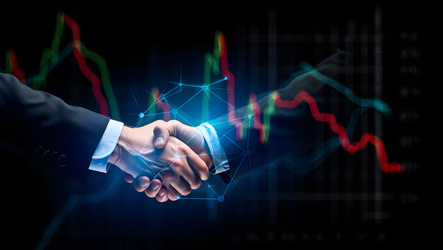 Business handshake against stock market data display representing collaboration and financial success and future investment opportunities