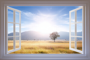 Scenic view from open window showcasing golden fields and distant mountains with sunlight