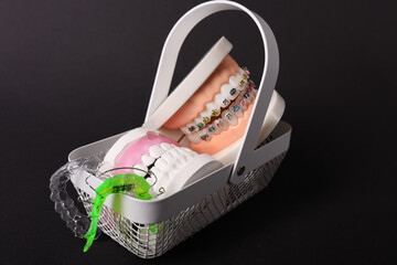 Dentist with Orthodontic tooth model and bracket or brace. Clean and Scrape off tartar. May Orthodontic Health Day, March Oral health, Dentist Day, False Teeth. Toothache and Children Dental Health