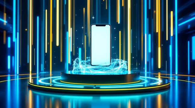 A smartphone with a blank screen on a platform surrounded by neon lights and effects