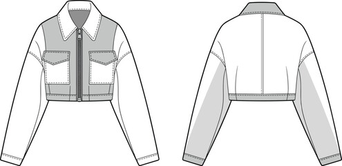 Women's Cropped Jacket Flat Sketch CAD Drawing with Front Zip, Collar, Chest Pockets, and Color Block Design, Fashion Apparel