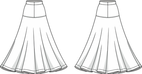  Women's Fashion Flared Maxi Skirt Technical Drawing Elegant A-Line Silhouette and High Waist CAD Illustration, Apparel Design Template