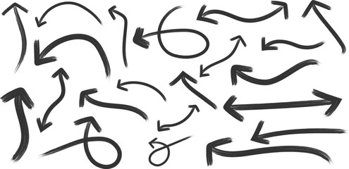 Hand drawn arrow set in grunge style collection. Bold arrows, graphic set of isolated elements from brush strokes. curved, straight, dotted, and swirled arrows design, arrow vector for creative design