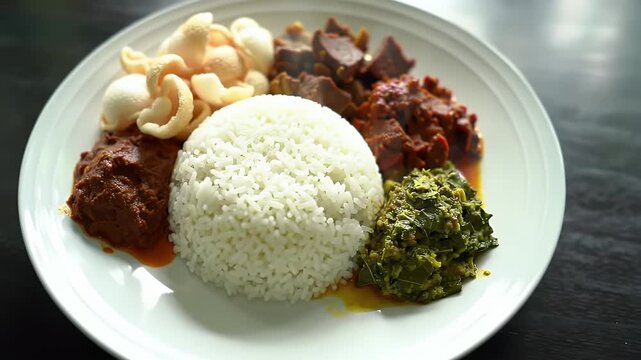 Footage Flavorful plate of authentic Indonesian Nasi Campur featuring steamed rice, savory beef rendang, and assorted traditional side dishes.
