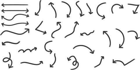 Hand drawn arrow set in grunge style collection. Bold arrows, graphic set of isolated elements from brush strokes. curved, straight, dotted, and swirled arrows design, arrow vector for creative design