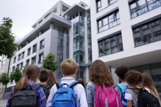 Diverse group of young students with colorful backpacks walking towards a modern school building, beginning their academic year with excitement for knowledge.