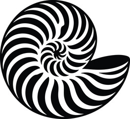 Striking black and white nautilus shell spiral pattern in a bold graphic silhouette