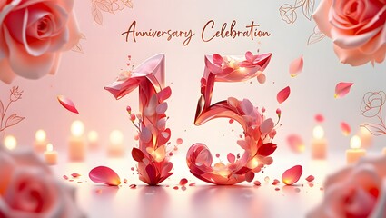 Celebrating 15th anniversary with roses, candles, and falling petals, creating a romantic and elegant atmosphere for a special event or greeting card