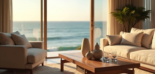 Modern living room with panoramic ocean view. Comfortable beige sofa, coffee table with vases, glasses. Natural light streams in through large windows, creating tranquil atmosphere. Coastal decor