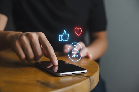 Smartphone and Social Engagement: A person interacts with a smartphone, illuminated by glowing social media icons. The scene encapsulates the immediacy of digital connection in a modern context.