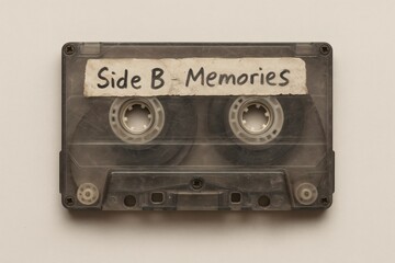 Fototapeta premium Old Audio Cassette with Torn Handwritten Label Reading ‘Side B - Memories’ on Neutral Background, Scratched Transparent Plastic Tape Case, Retro Music Format Isolated