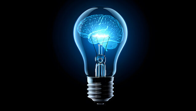 Illuminating Innovation Brainpower and Ideas a Lightbulb with a Brain Inside Shining in the Darkness