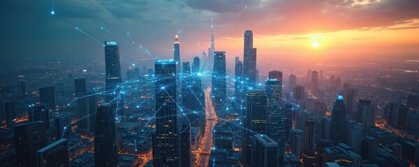 Aerial view of connected global network over city skyline at sunset. Skyscrapers light up, showing urban infrastructure growth. Digital connections span across cityscape, representing modern