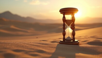 Hourglass in sandy desert landscape symbolizes passing time, life moments. Natural beauty, endlessness of desert evoke feelings of calm, philosophy. Sun sets behind dunes, creating warm ambient light.