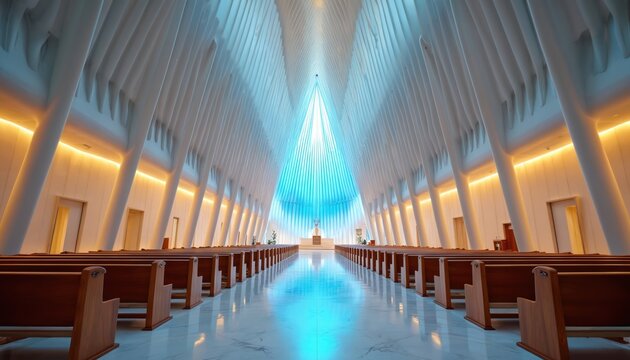 Modern church interior features grand nave with contemporary stained-glass windows, soaring white architecture. Rows of empty wooden pews, illuminated walls create serene, spiritual atmosphere for
