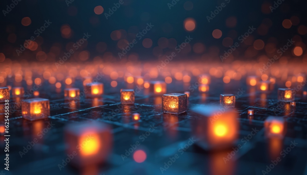 Poster glowing orange cubes arranged on a dark, grid-like surface with blurred background lights. the 3d ab