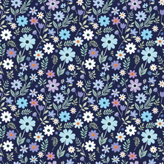 Seamless cute pattern with small flowers on navy background. Perfect for textiles, wrapping paper, and greeting cards. Vector illustration.