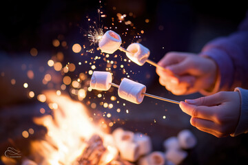 Hands holding marshmallows on sticks roasting over a campfire with sparks flying in the night