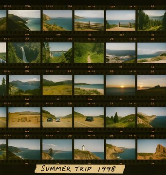 35mm Film Contact Sheet of Coastal Road Trip and Ocean Views with Handwritten Note &lsquo;Summer Trip 1998&rsquo;