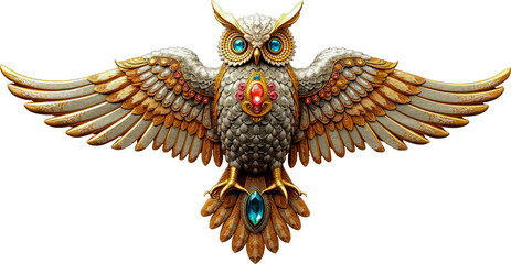 Obraz premium Qwl ornament with spread wings, Transparent png , Owl on a transparent background, Gold owl