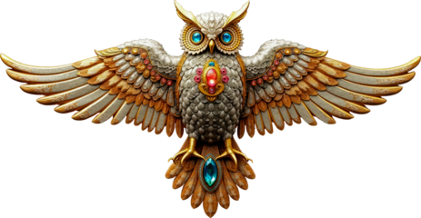 Qwl ornament with spread wings, Transparent png , Owl on a transparent background, Gold owl