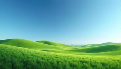 Expansive rolling green hills under clear blue sky. Grass covers undulating terrain, creating serene natural landscape. Gentle slopes, smooth curves define countryside view, evoking peace,