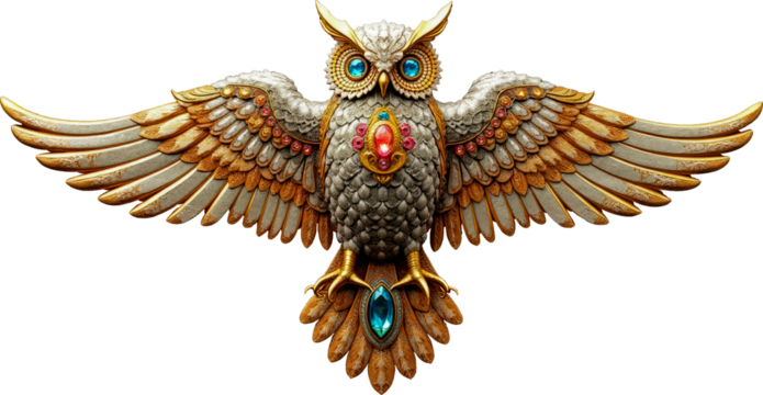 Qwl ornament with spread wings, Transparent png , Owl on a transparent background, Gold owl