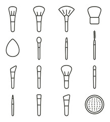 Makeup linear icons set. featuring brush, sponge, eyelash, powder, and more.