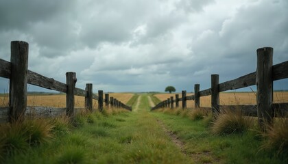 Weathered wooden fence divides lush green field and golden crop under cloudy sky. Path leads to lone tree on horizon. Rustic countryside scene suggests boundaries, protection, and nature.