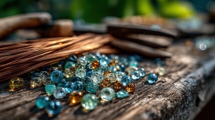 Colorful Glass Beads and Copper Wire on Wood