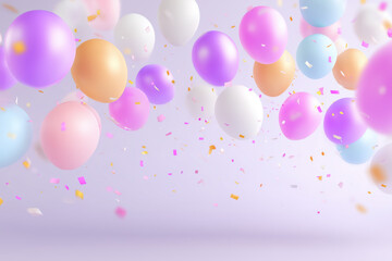 Colorful balloons floating in the air with confetti creating a festive celebration atmosphere