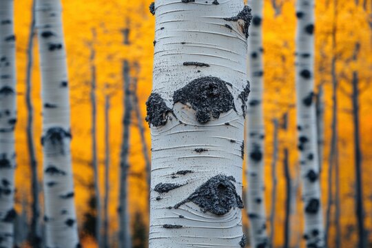 Aspen Trees in Autumn White Bark Against Brilliant Yellow Fall Foliage Background